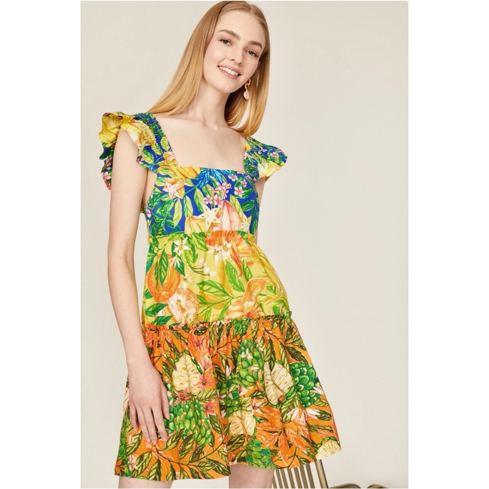 FARM Rio Caipirinha Green Yellow Vibrant Print Tiered Sleeveless Mini Dress - XL - Picture 12 of 14